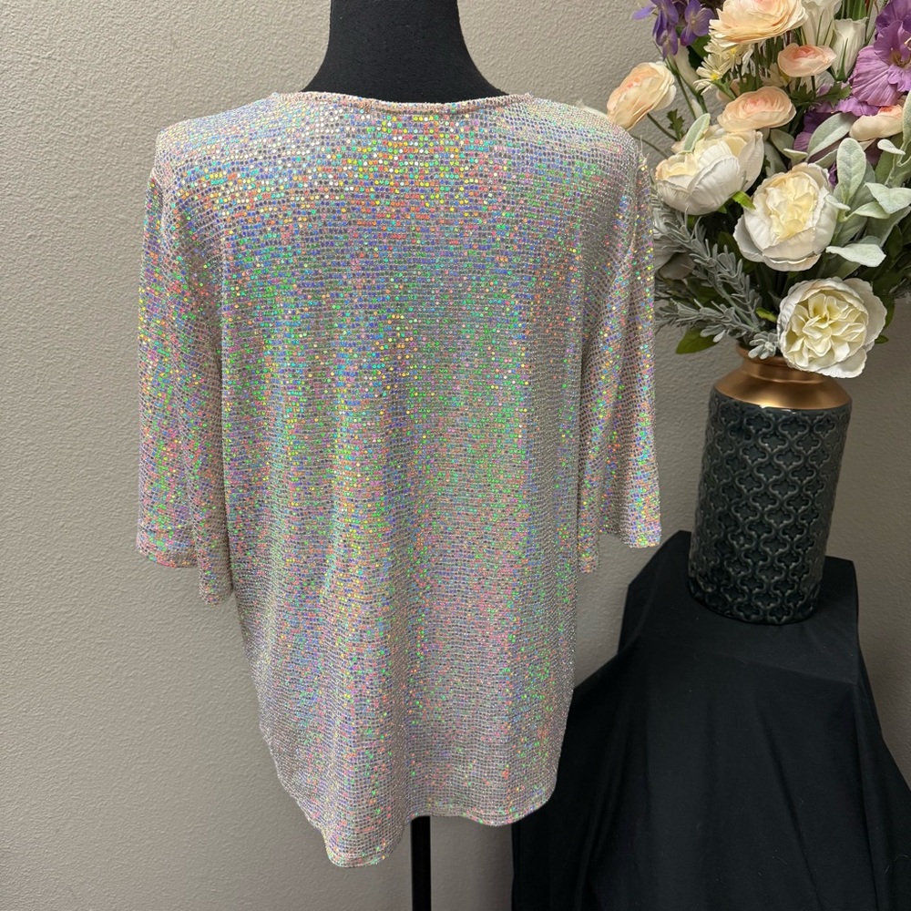 Cherish Holographic Sequin Mesh Top | Iridescent Party Holiday Blouse - Picture 3 of 6